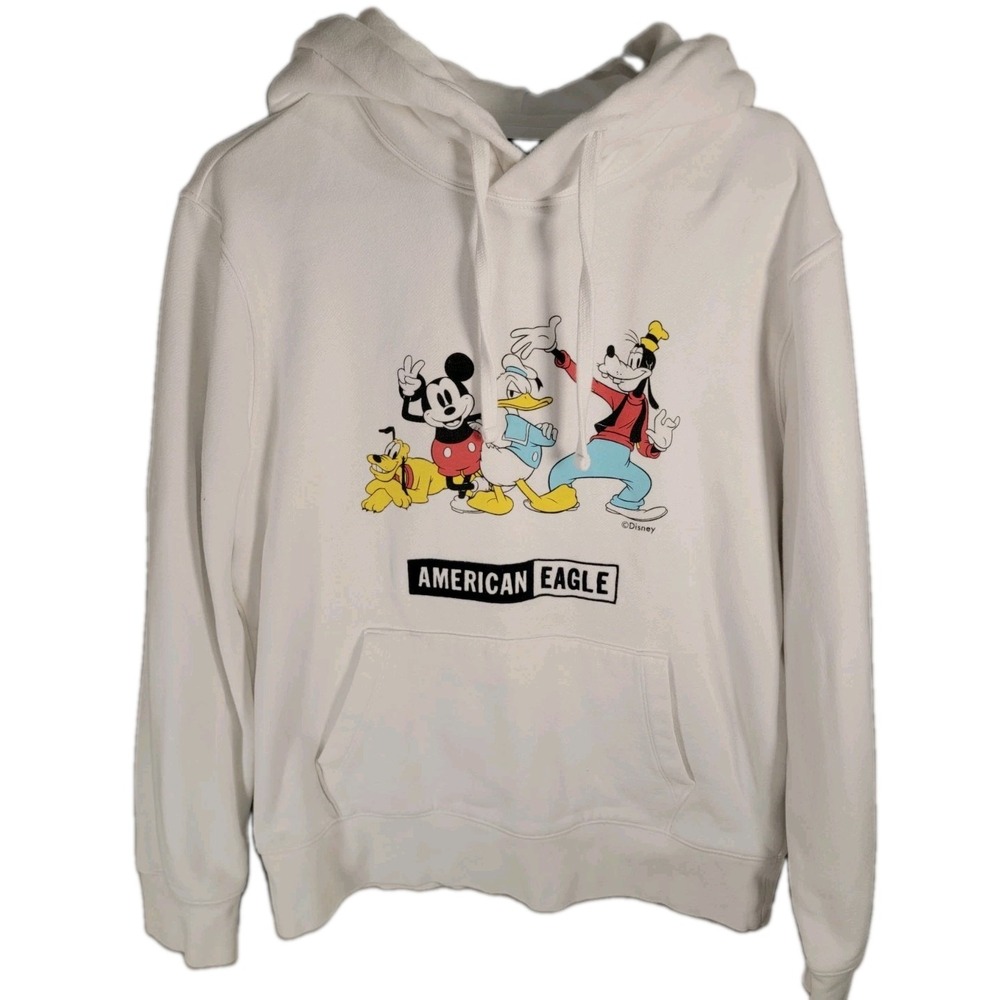 Disney American Eagle Hoodie Mens Medium White Mickey Mouse Donald Goofy Pluto